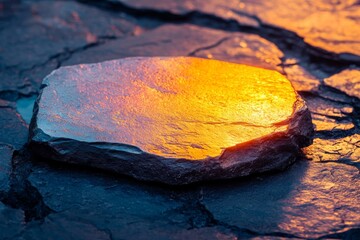 Wall Mural - Sunset reflection on a wet rock surface showcasing vivid colors and textures at a rocky outdoor location