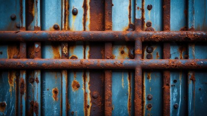 Poster - Rusty blue metal surface with peeling paint and corrosion creating an industrial textured background for artistic and design use.