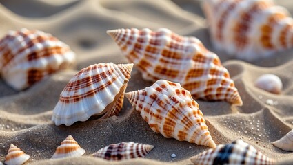 Poster - Colorful sea shells scattered on soft sandy beach showcasing intricate patterns and textures in natural light.