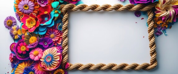 Aufkleber - Rope frame decorated with vibrant paper flowers on a neutral background for creative presentations and design projects.