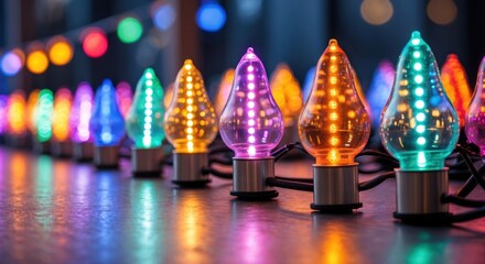 Aufkleber - Brightly colored carnival lights in warm tones with glowing bulbs on silver reflective surface, creating a festive atmosphere.