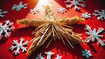 Poster - Straw star ornament illuminated by sunlight surrounded by white snowflakes on a vibrant red background for festive Christmas decor.
