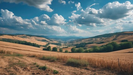  Serene Summer Rural Landscape with Verdant Valleys and Dramatic Blue Sky with Clouds, Ideal for Text Overlay and Creative Projects