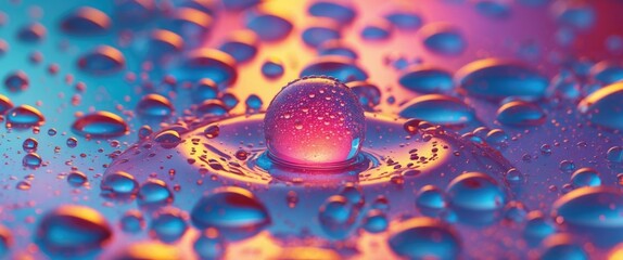Aufkleber - Water droplets on a clear surface reflecting vibrant colors and textures creating an artistic and visually captivating background.