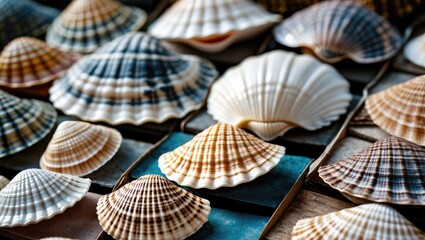 Poster - Colorful round flat seashells displayed as souvenirs in a local market arranged on wooden surfaces with a soft focus background.