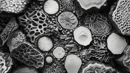 Aufkleber - Abstract black and white composition of layered natural patterns featuring diverse textures and shapes ideal for modern design concepts.