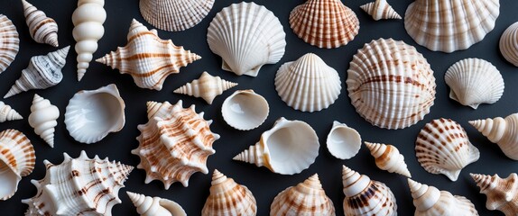 Poster - Seashells of diverse shapes and sizes arranged on a dark background with ample copy space for text or design elements