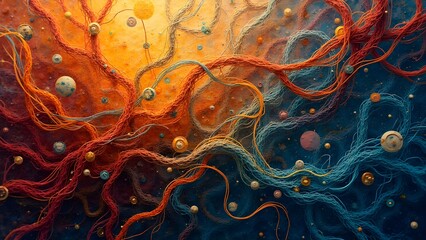 Wall Mural - Cosmic Tapestry: A vibrant and intricate abstract artwork exploding with color, featuring flowing, interwoven strands and celestial elements reminiscent of a nebula or the microscopic world.