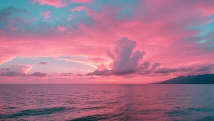 Poster - Vibrant pastel sunset over tranquil ocean with colorful clouds and clear sky ideal for nature backgrounds and text overlays