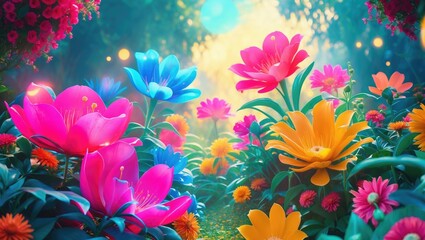 Wall Mural - vibrant summer garden filled with colorful flowers creating a magical atmosphere in a sunlit lush en