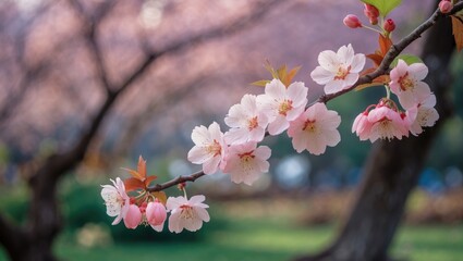 Wall Mural - beautiful thai sakura blossoms against a tranquil nature backdrop showcasing vibrant pink flowers an