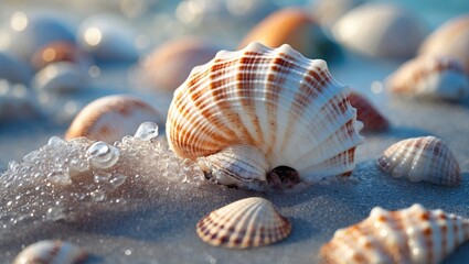 Poster - Seashells on sandy beach with bubbles and soft waves creating a serene coastal atmosphere close-up shot of nature's marine treasures