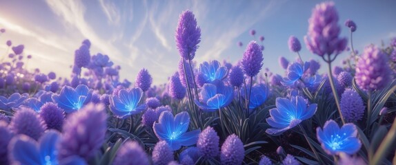 Wall Mural - vibrant spring landscape featuring blooming cineraria flowers in shades of blue and purple under a b