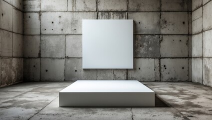 Aufkleber - Minimalist interior with a white square canvas suspended above a sleek platform in a raw concrete space. Ideal for artistic presentations.