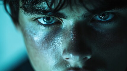 Wall Mural - Closeup Portrait of a Sweaty Young Man with Intense Blue Eyes