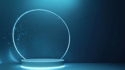 Poster - Abstract blue illuminated stage platform with cosmic circle frame
