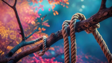 Aufkleber - Ropes beautifully intertwined on a vibrant tree branch surrounded by autumn foliage and soft, ethereal lighting.