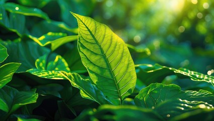 Aufkleber - Vibrant green leaf amidst lush foliage with natural light creating a peaceful atmosphere and ample space for text overlay.