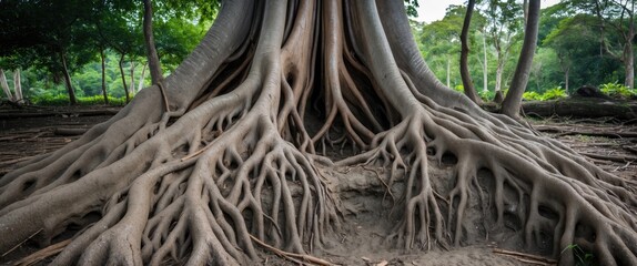 Wall Mural - banyan tree roots with expansive ground view and space for text overlay in lush green natural settin