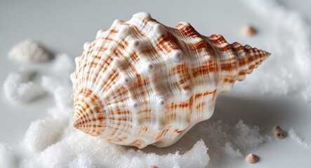Poster - Decorative Shell on Soft White Sand Background with Delicate Textures and Natural Shades of Orange and Cream