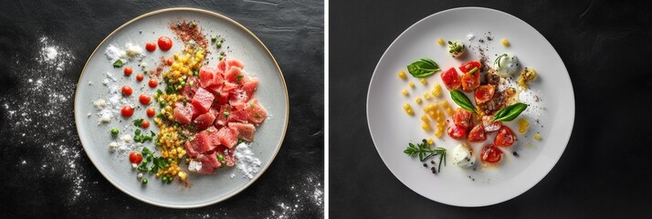 Aufkleber - Colorful gourmet dishes served on elegant plates with fresh ingredients and unique presentation in a modern setting. Generative AI
