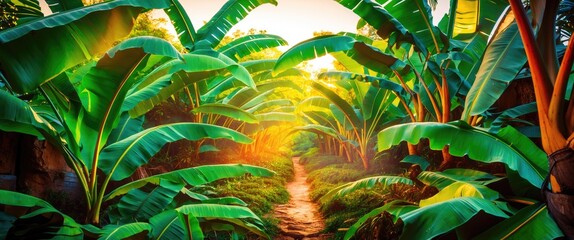 Wall Mural - lush banana leaf plantation with a winding path illuminated by golden sunlight creating a serene tro