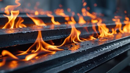 Aufkleber - Steel plates glowing in intense flames with a blurred background, capturing the heat and energy of fire in a dynamic industrial setting.