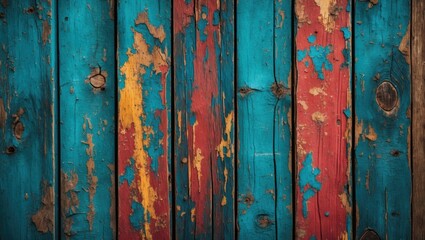 Poster - Vintage distressed wooden surface with vibrant blue and red hues ideal for backgrounds or creative projects. Retro texture and character.
