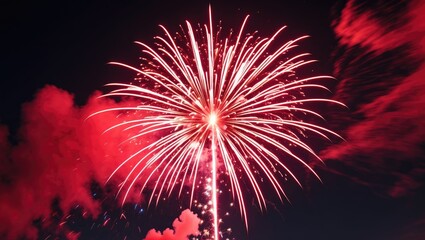 Aufkleber - Vibrant Red Firework Display Illuminating the Night Sky with Smoke and Empty Space for Text Decoration Celebrating Special Occasions