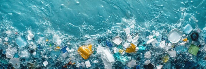 Aufkleber - Close up view of plastic fragments floating in ocean waves under clear blue water. Generative AI