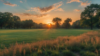 Wall Mural - sunset over a park landscape with lush greenery and open space ideal for text placement and nature t