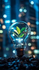 Poster - Light bulb on soil with green plant inside, glowing in city at night. Sustainability and innovation concept