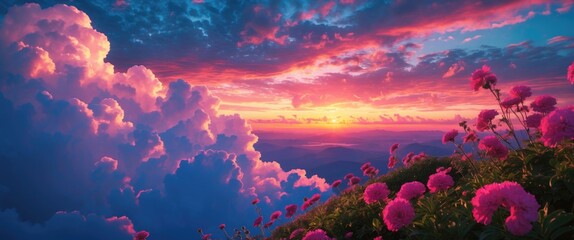 Wall Mural - evening sky with vibrant clouds and blooming flowers creating a serene and picturesque landscape sce