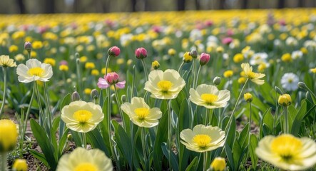 Wall Mural - vibrant field of spring buttercups and wildflowers under bright sunshine in a colorful floral landsc