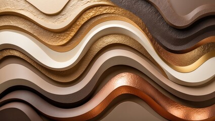 Aufkleber - Textured abstract background featuring wavy layers in beige, brown, gold, copper, and cream tones for modern design concepts.