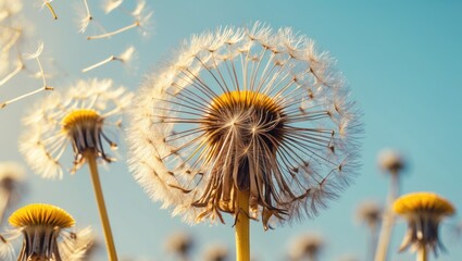 Aufkleber - Dandelion Seeds Macro Photography Against Soft Blue Background With Copy Space For Text Ideal For Nature Themes And Organic Design