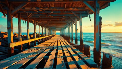 Wall Mural - Scenic view of an old wooden pier extending over calm waters during sunset showcasing rustic charm and tranquil surroundings.