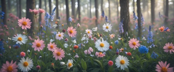 Wall Mural - wildflower meadow in a serene forest setting featuring colorful blooms and soft sunlight with space 