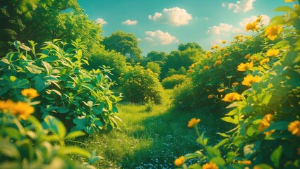 Wall Mural - lush summer landscape with vibrant greenery and wildflowers under bright blue sky ideal for nature-t