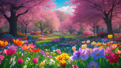 Wall Mural - vibrant spring flowers in a serene park setting with cherry blossoms and a colorful array of blossom