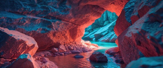 Wall Mural - vivid rock formations in a serene canyon with glowing hues reflecting on water creating a captivatin