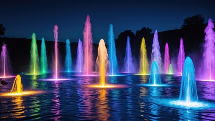 Aufkleber - Illuminated multicolored water fountains creating dynamic displays of light against a night sky, showcasing vibrant and artistic water jets.