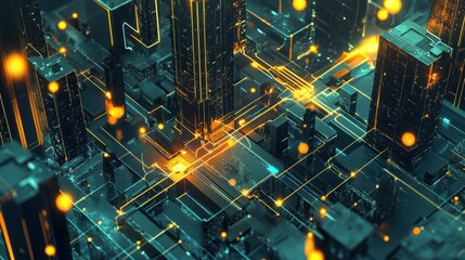 Poster - Futuristic city, digital network, glowing circuits, data flow, tech background, concept art