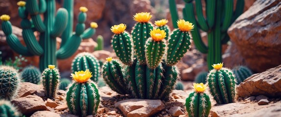Wall Mural - vibrant cacti blossoming in desert rock garden with natural surroundings and ample space for text ov