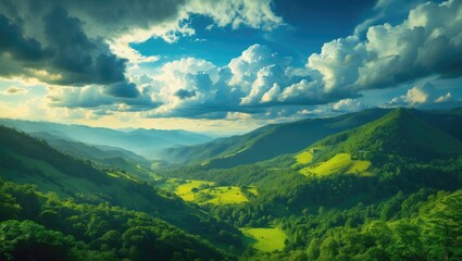 Wall Mural - tranquil mountain panorama showcasing lush green forests, rolling hills, and dynamic clouds against 
