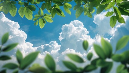 Wall Mural - lush green leaves framing a serene blue sky adorned with fluffy white clouds creating a tranquil nat