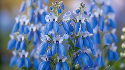 Sticker - Vibrant clusters of blue larkspur flowers showcasing delicate petals and lush green foliage in a scenic natural setting.