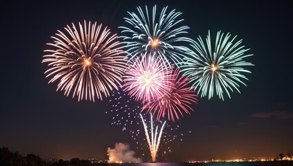 Aufkleber - Colorful Fireworks Bursting in Night Sky Celebrating Special Events with Space for Custom Text and Festive Atmosphere