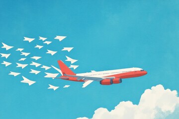 Aufkleber - Red and white airplane leading a formation of paper planes in blue sky symbolizing leadership and direction. Generative AI