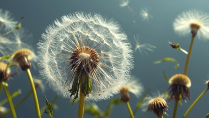 Aufkleber - delicate dandelion seeds blowing in the wind under soft natural light in a serene outdoor setting il